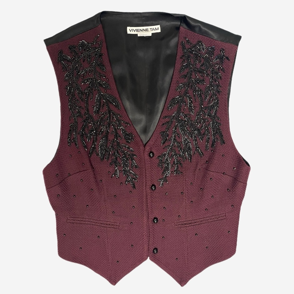 Vintage 90s Vivienne Tam burgundy floral beaded button up vest eclectic XS/S